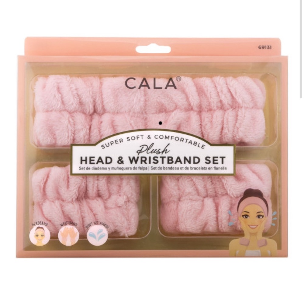 CALA Plush Headband and Wristband Set Pink 3-Piece Skincare Accessory 69131 NEW